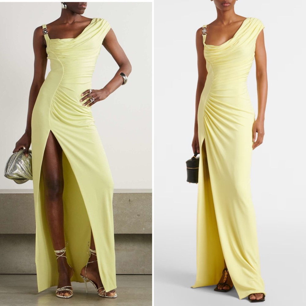 Versace Pale Yellow One-Shoulder Ruched Evening Gown
